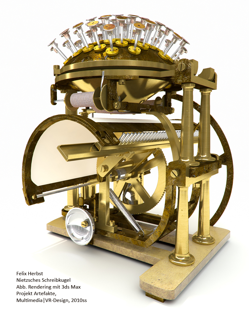 Nietzsches Schreibkugel, interaktive VR-Präsentation, Felix Herbst, Stg. Multimedia|VR-Design 2010; Abb.: 3D-Computergraﬁk, erstellt mit Autodesk 3dsMax