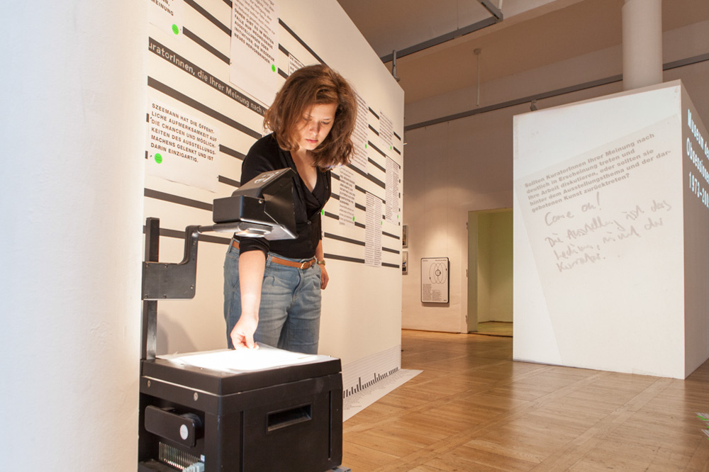 Blick in die Ausstellung „Tausend Stimmen. Eine Schau über Szeemann, Diagramme, Art Spaces und Dienstbesprechungen“ in der Burg Galerie im Volkspark vom 3. Mai bis 17. Juni 2012. Foto: Matthias Ritzmann